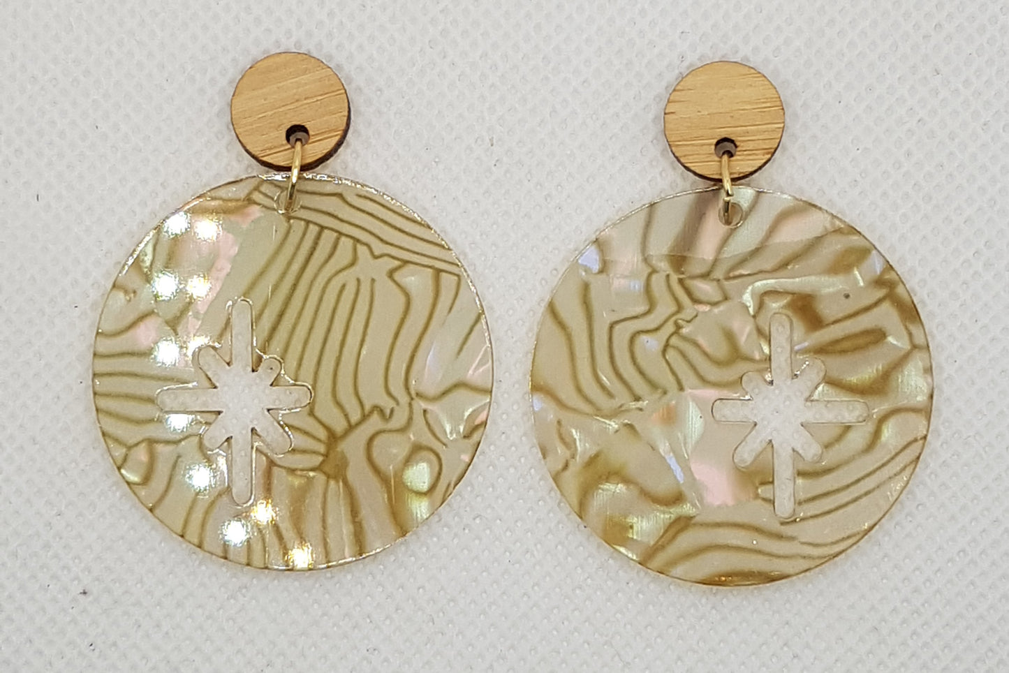 Large Acrylic Laser Cut Circle Earrings with Star cut-out in Sand Organic Swirls with Natural Maple Round Topper and Surgical Stainless Steel Stud