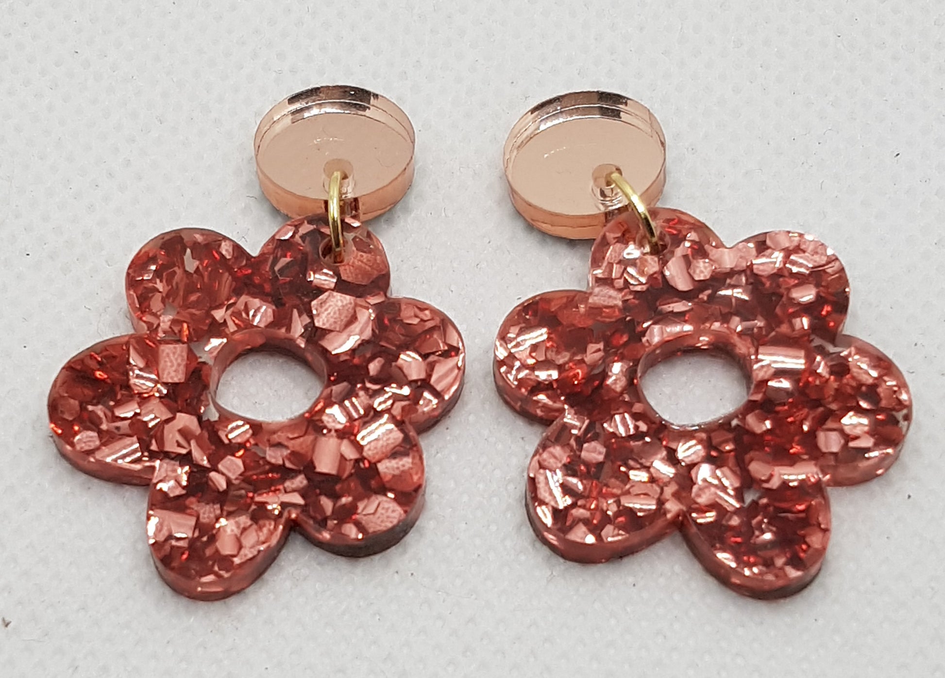 Chunky Glitter Acrylic Laser Cut Flower Earrings in Rose Pink with Soft Pink Mirrored Round Topper and Surgical Stainless Steel Stud 2