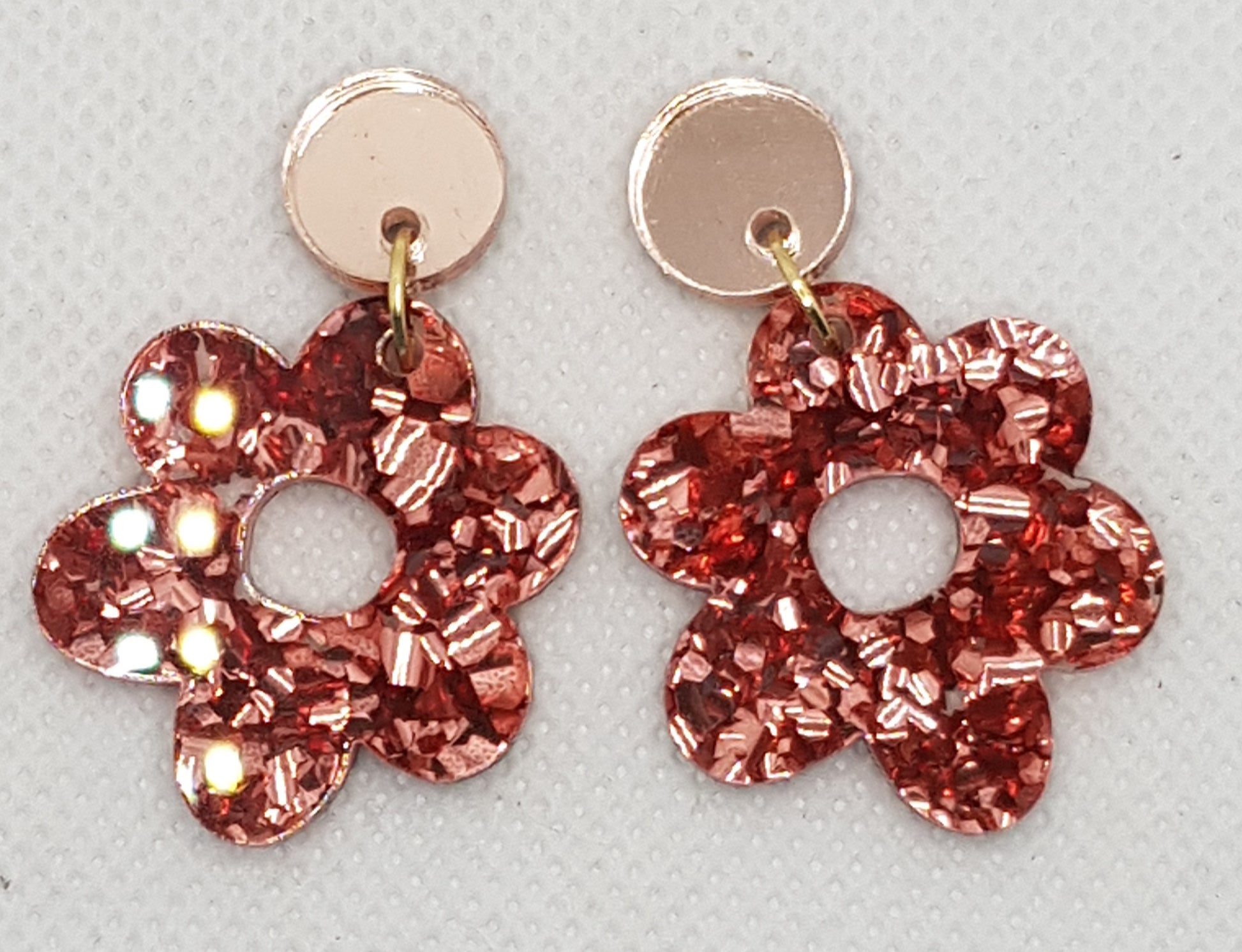 Chunky Glitter Acrylic Laser Cut Flower Earrings in Rose Pink with Soft Pink Mirrored Round Topper and Surgical Stainless Steel Stud