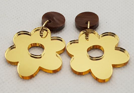 Mirrored Acrylic Laser Cut Flower Earrings in Gold with Bronze Pearlescent Round Topper and Surgical Stainless Steel Stud