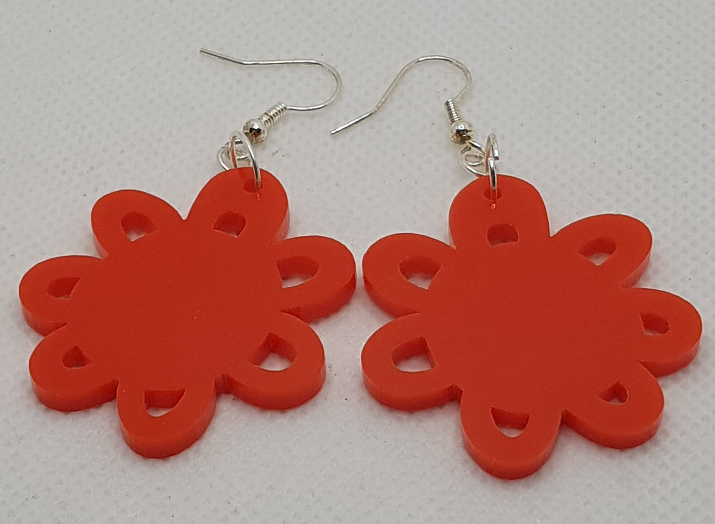 Large Acrylic Laser Cut Flower Earrings with cut-outs in Plain Solid Red with Silver Plated Shepherd Hooks 2