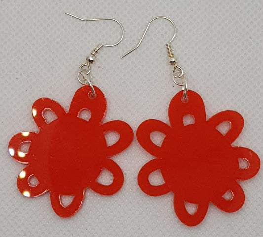 Large Acrylic Laser Cut Flower Earrings with cut-outs in Plain Solid Red with Silver Plated Shepherd Hooks