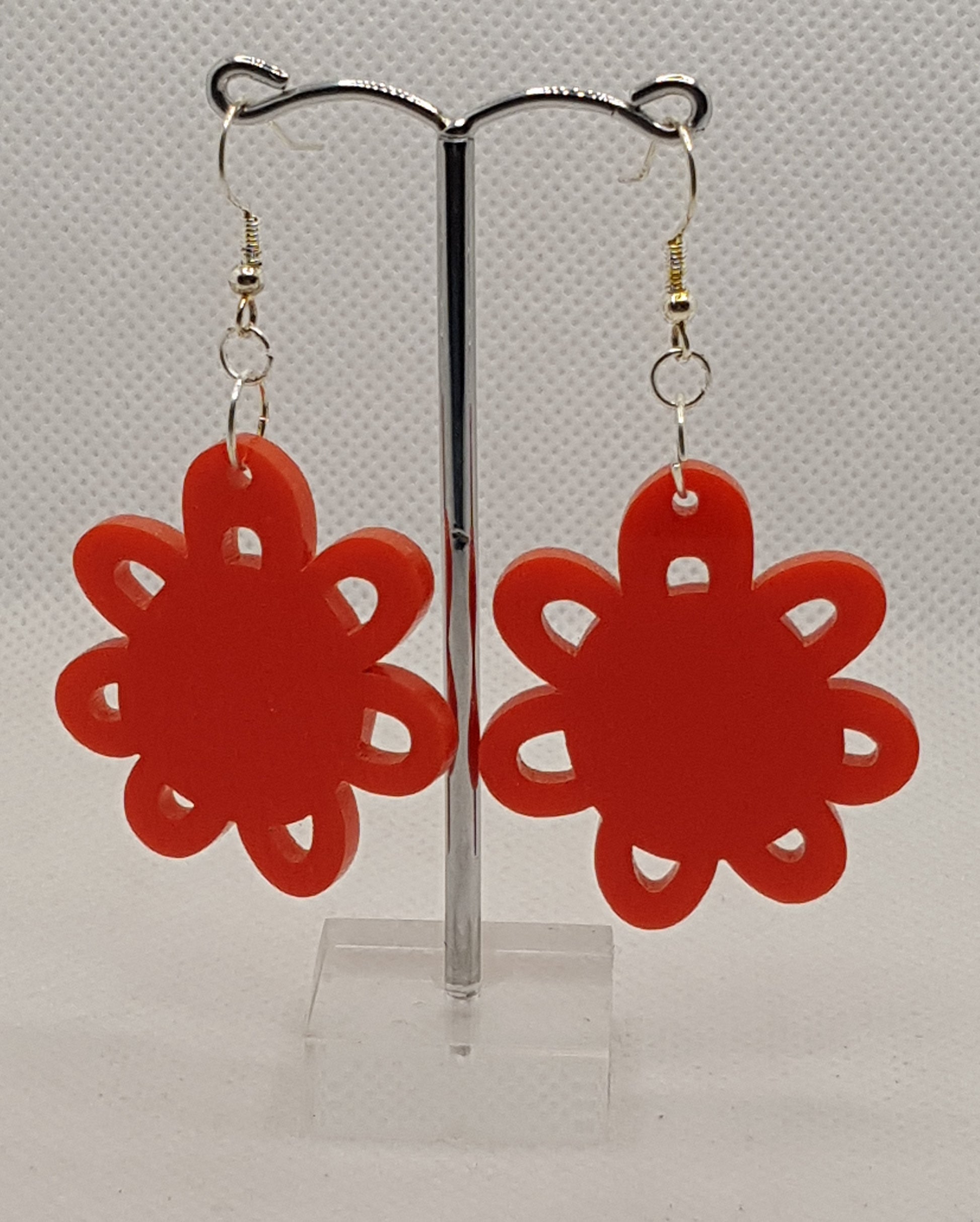 Large Acrylic Laser Cut Flower Earrings with cut-outs in Plain Solid Red with Silver Plated Shepherd Hooks 3