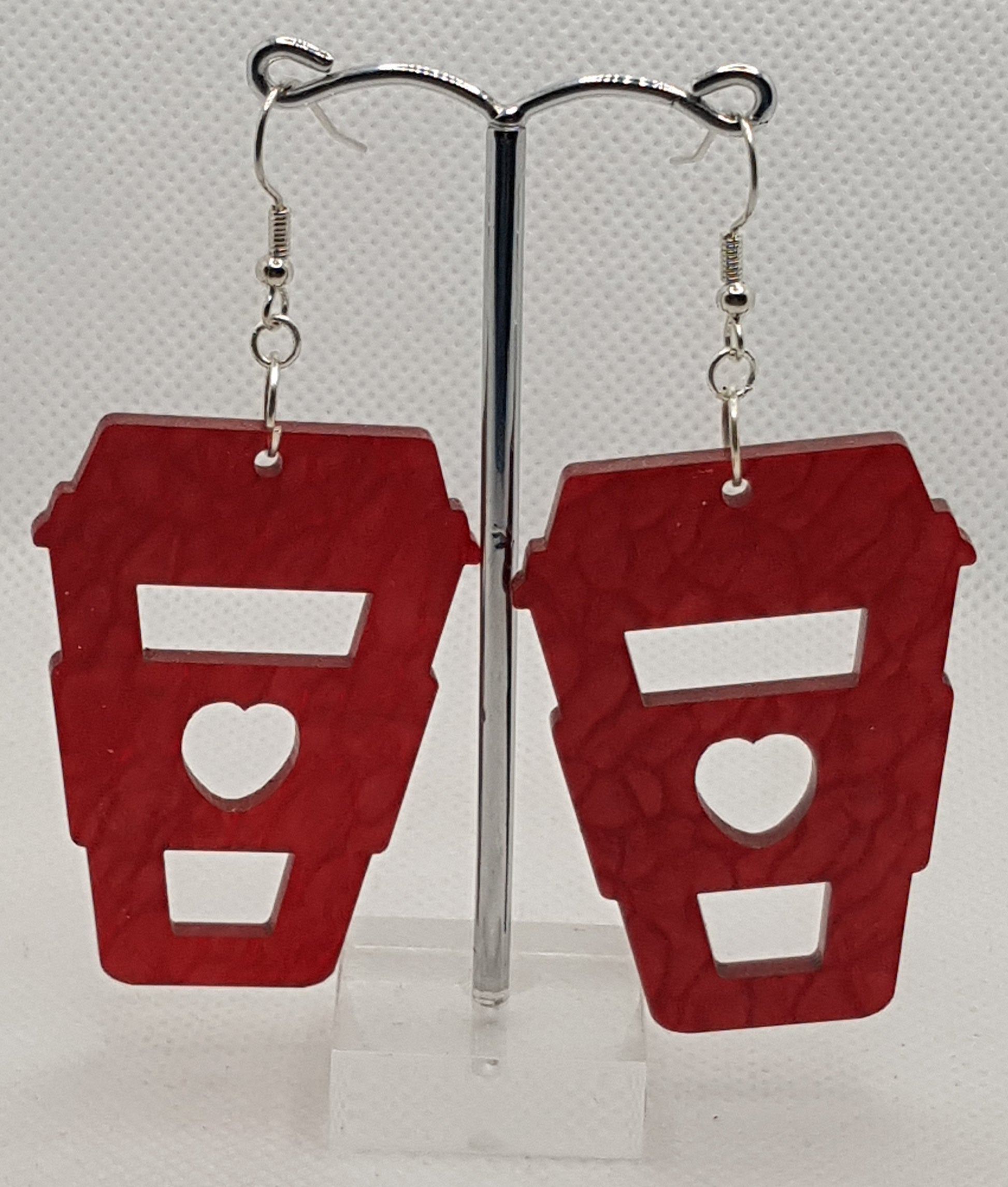 Large Acrylic Laser Cut Coffee Cup Earrings in Red Mineral with Silver Plated Shepherd Hooks 3