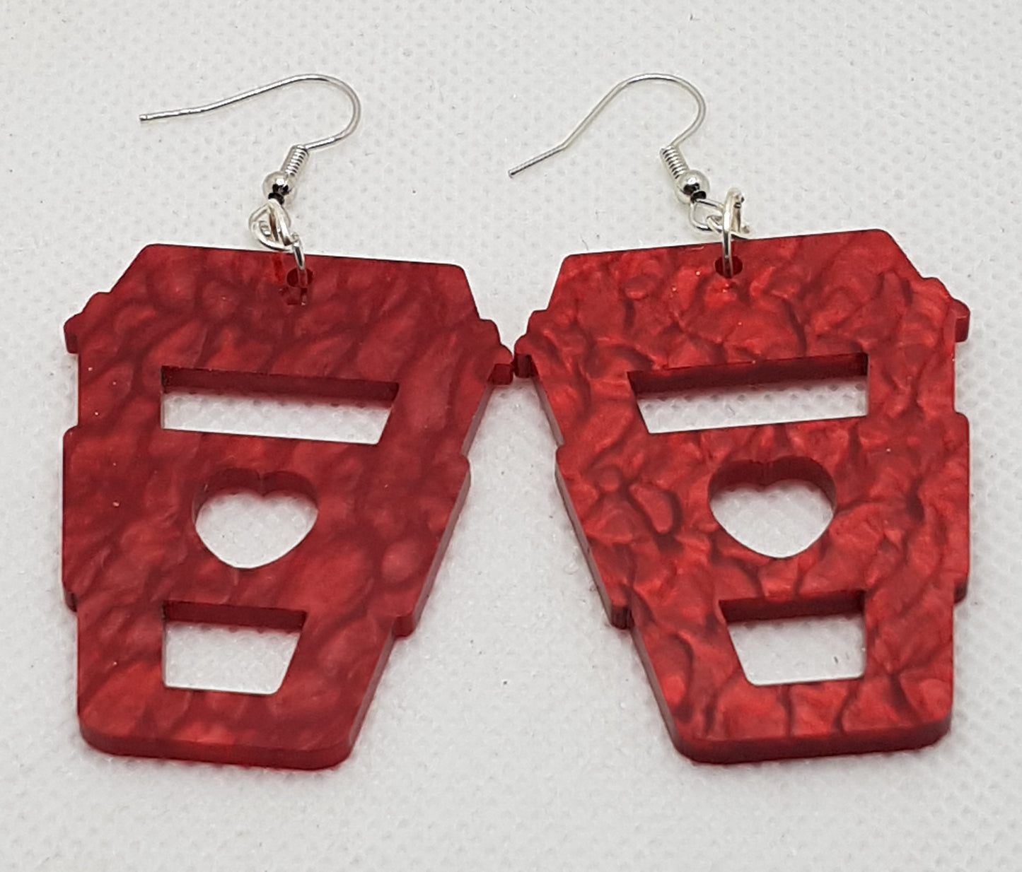 Large Acrylic Laser Cut Coffee Cup Earrings in Red Mineral with Silver Plated Shepherd Hooks