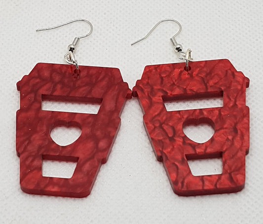 Large Acrylic Laser Cut Coffee Cup Earrings in Red Mineral with Silver Plated Shepherd Hooks