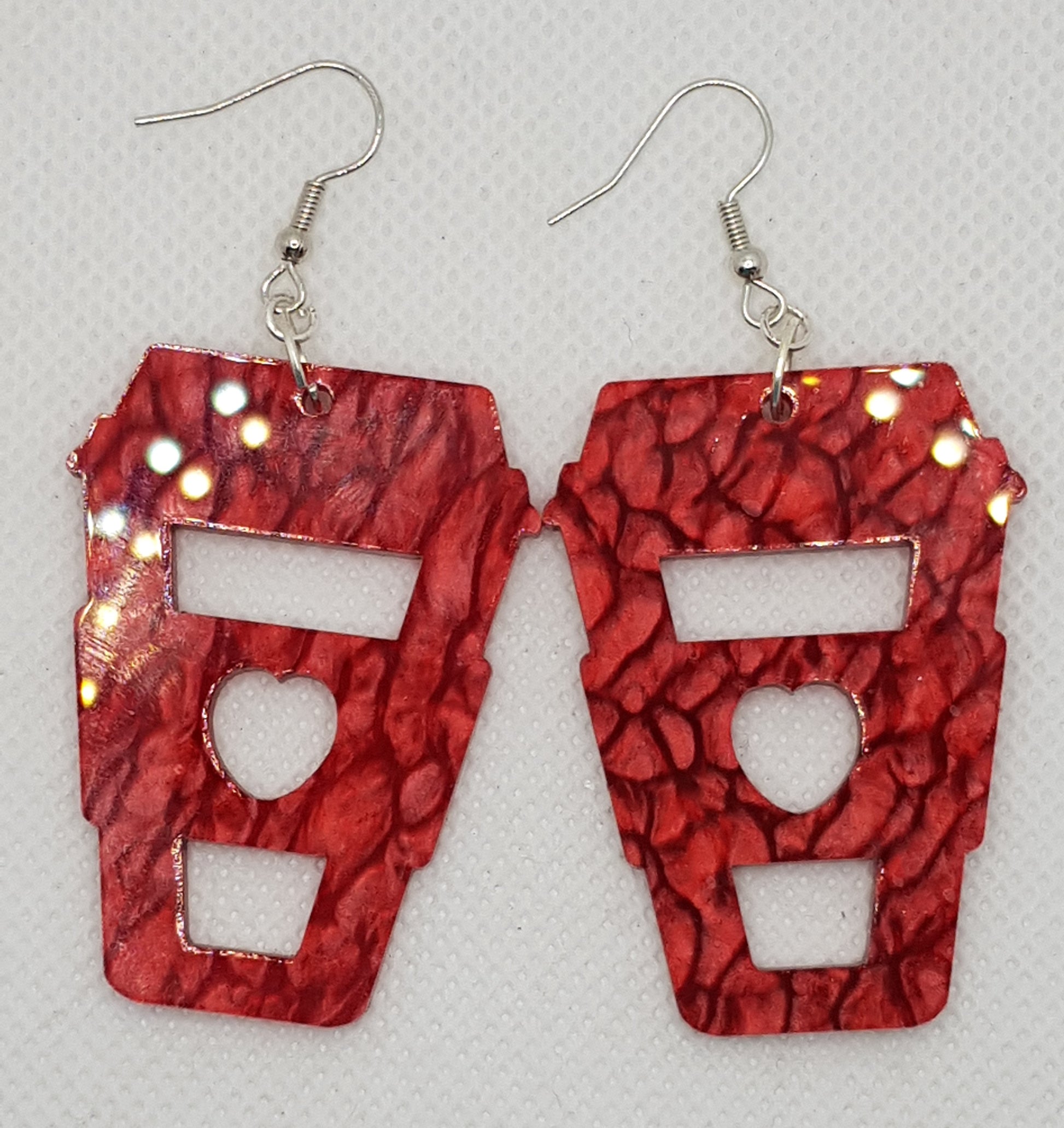 Large Acrylic Laser Cut Coffee Cup Earrings in Red Mineral with Silver Plated Shepherd Hooks 2