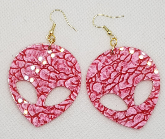 Large Acrylic Laser Cut Alien Head Earrings in Hot Pink Mineral with Gold Plated Shepherd Hooks