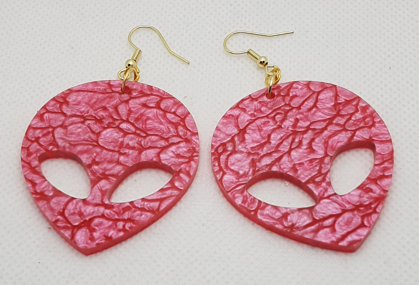 Large Acrylic Laser Cut Alien Head Earrings in Hot Pink Mineral with Gold Plated Shepherd Hooks 2