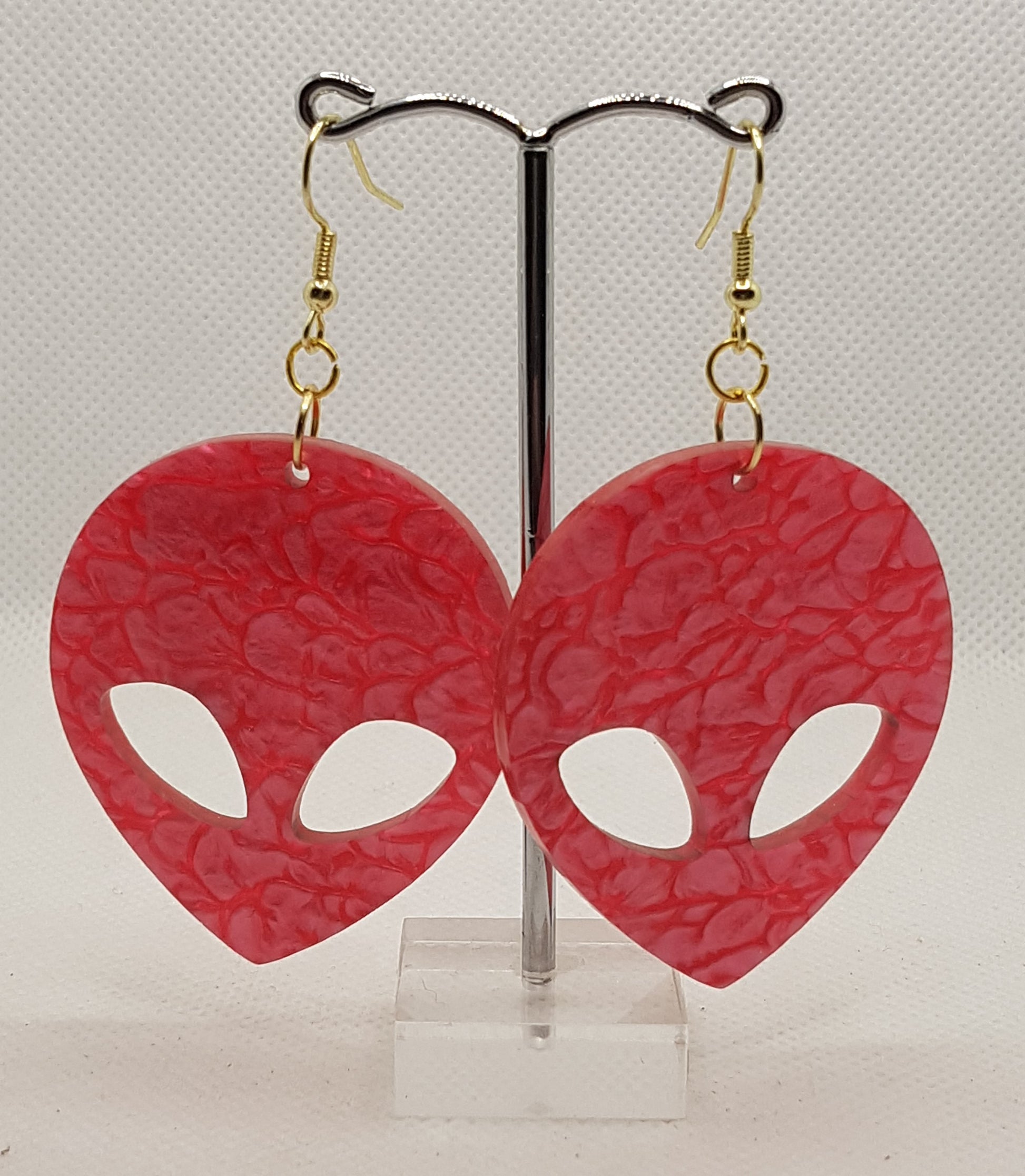 Large Acrylic Laser Cut Alien Head Earrings in Hot Pink Mineral with Gold Plated Shepherd Hooks 3