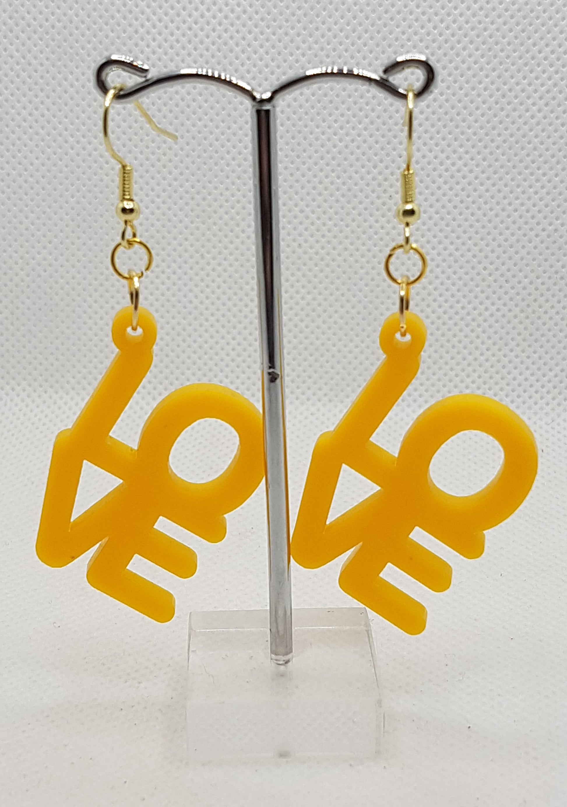 Acrylic Laser Cut LOVE Earrings in Plain Solid Yellow with Gold Plated Shepherd hooks 3