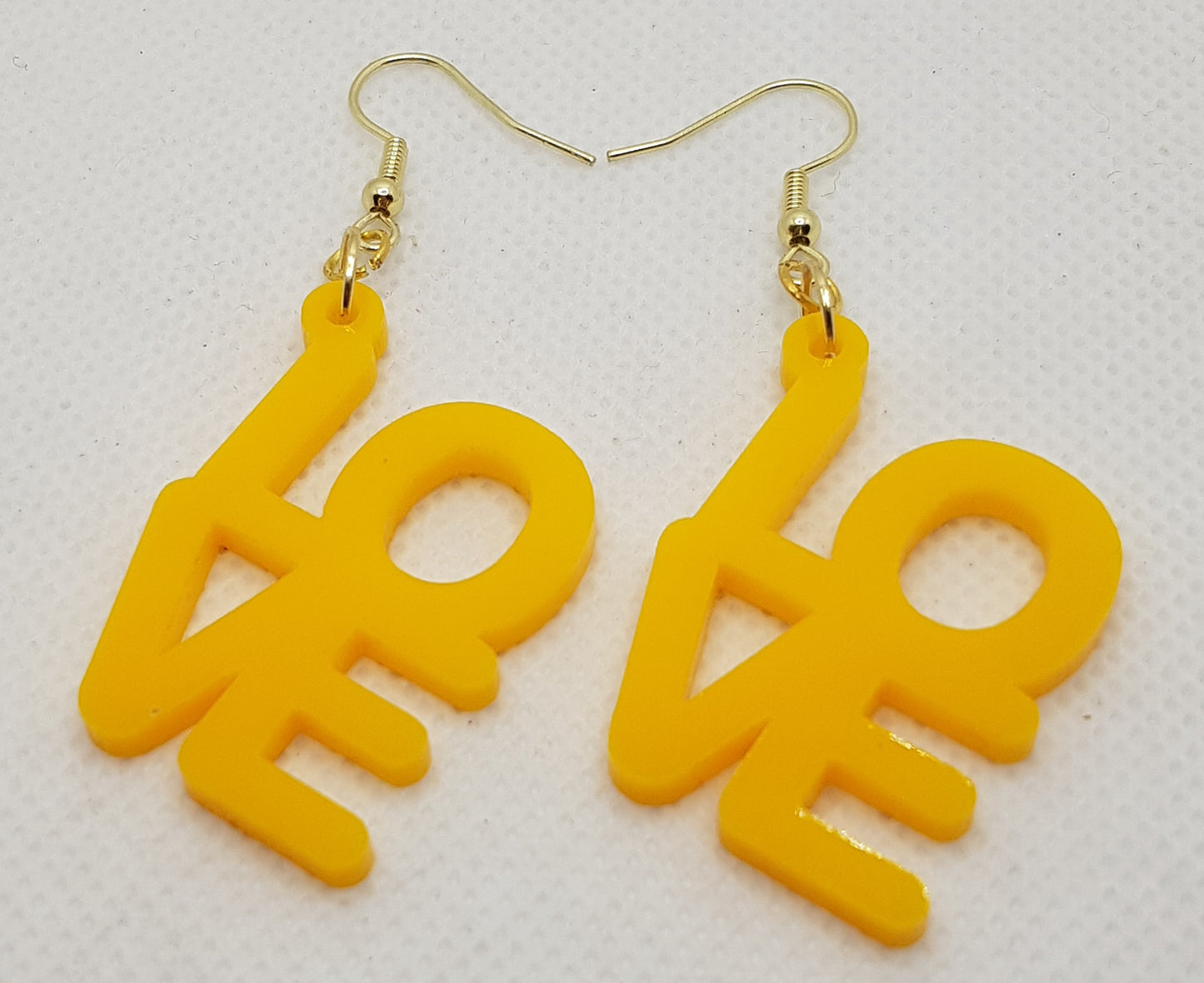 Acrylic Laser Cut LOVE Earrings in Plain Solid Yellow with Gold Plated Shepherd hooks