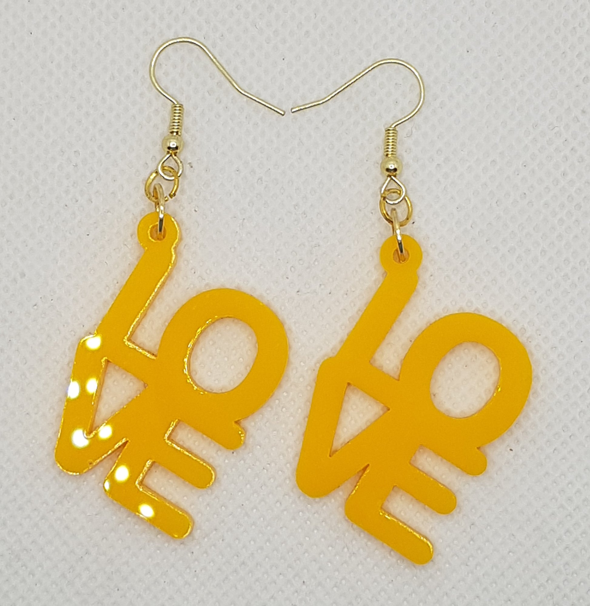 Acrylic Laser Cut LOVE Earrings in Plain Solid Yellow with Gold Plated Shepherd hooks 2