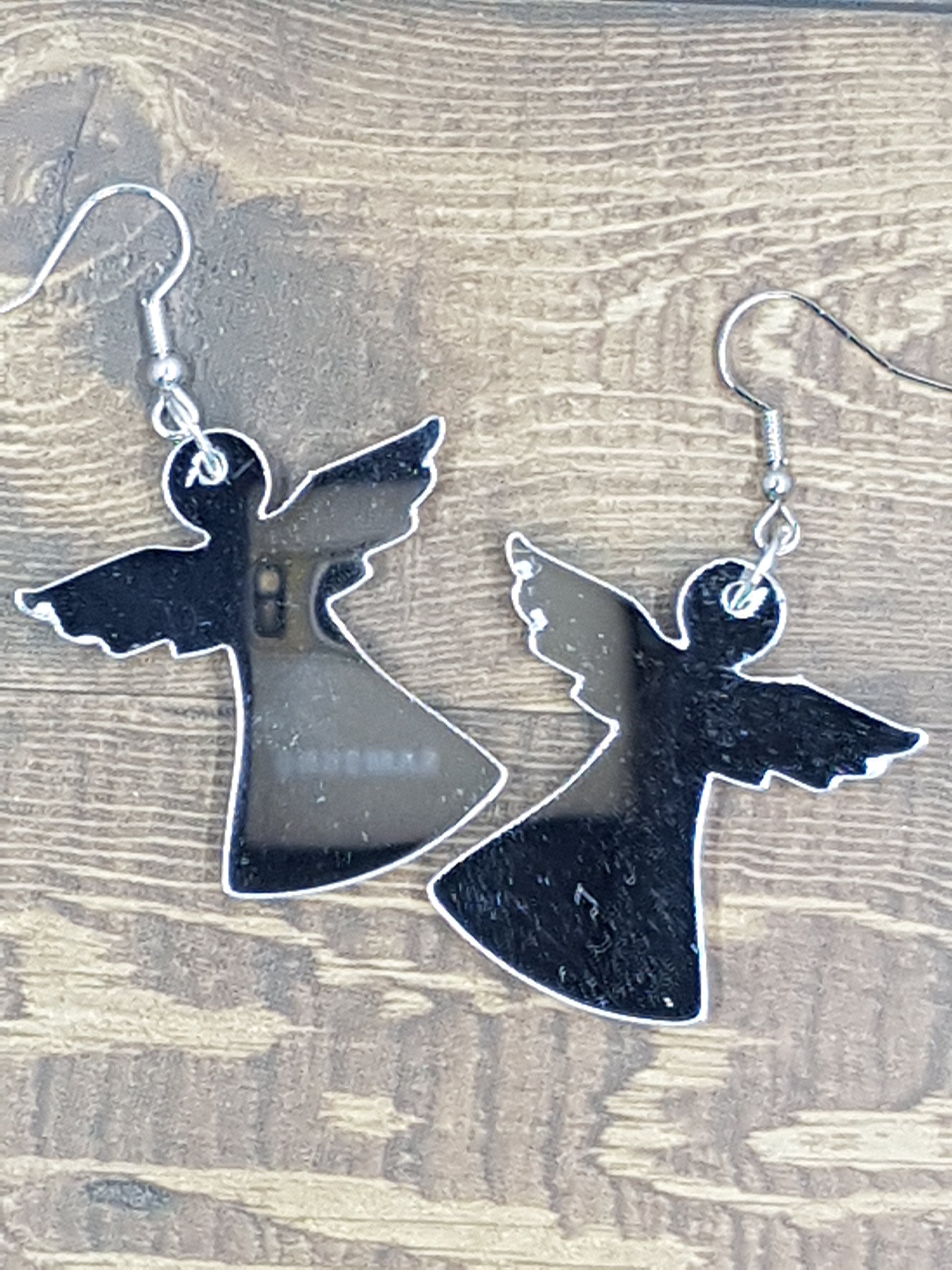 Laser Cut Silver mirror Simple Angel dangle drop earring finished on a shepherd's hook.