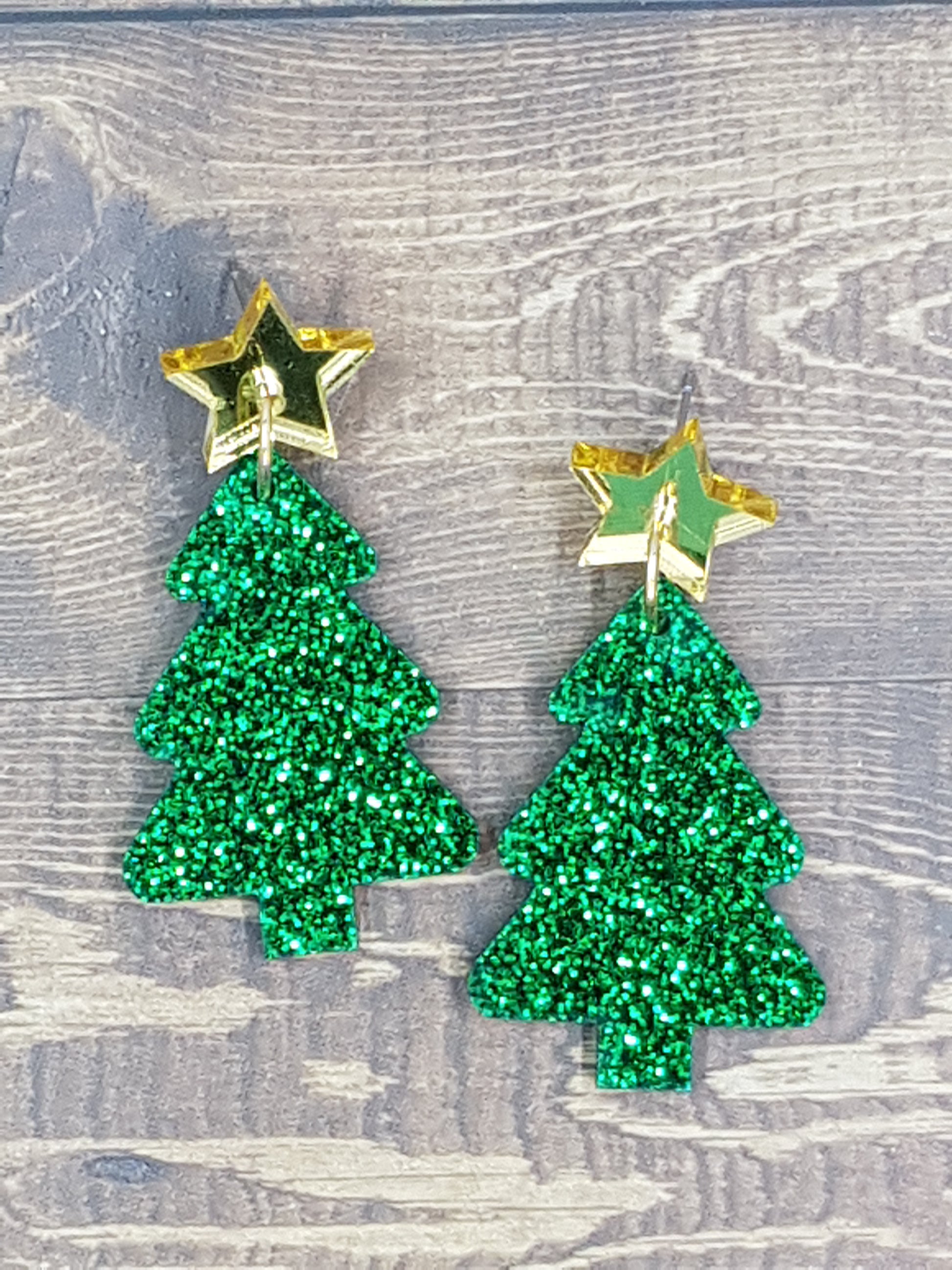 Standard Green Glitter Christmas with Gold Mirror Star Topper