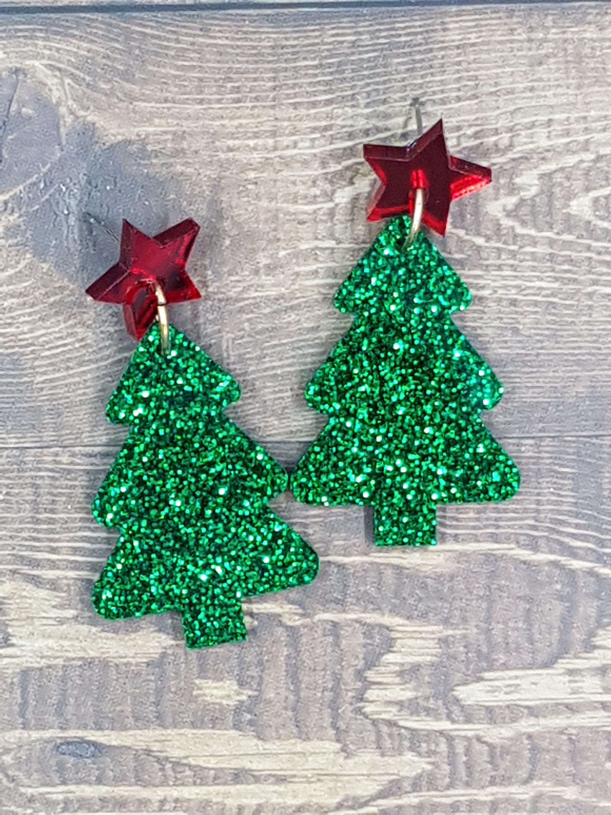 Standard Green Glitter Christmas with Red Mirror Star Topper