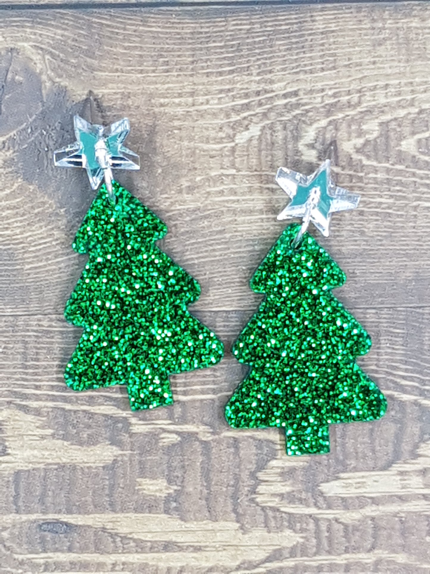 Standard Green Glitter Christmas with Silver Mirror Star Topper