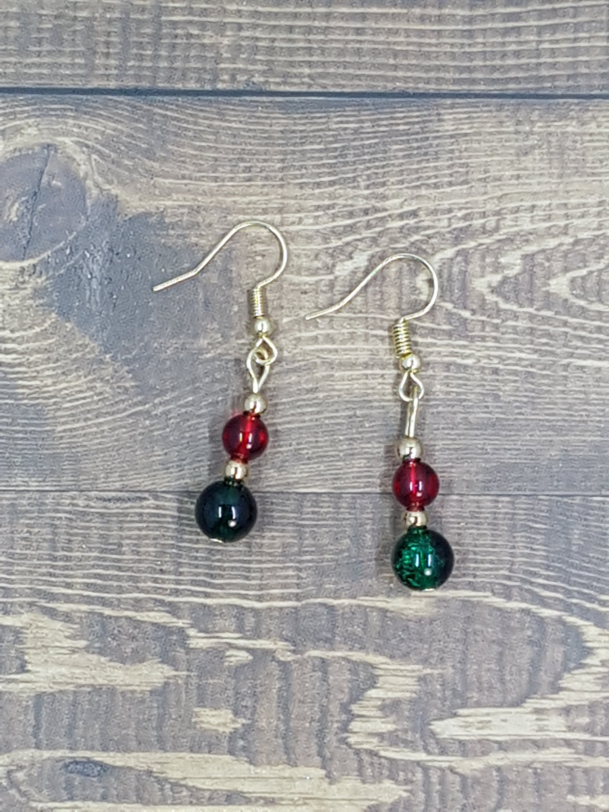 Christmas drop dangle beaded earrings in red and green beads with gold-plated findings