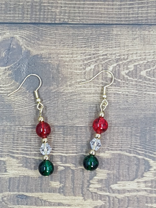 Christmas drop dangle beaded earrings in red, green and clear beads with gold-plated findings