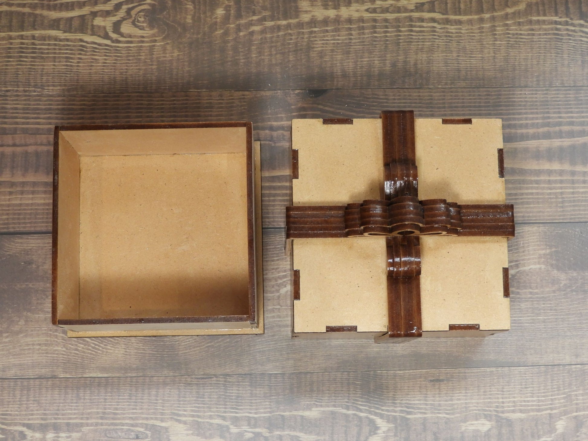 Laser cut timber bow box top view of lid and base