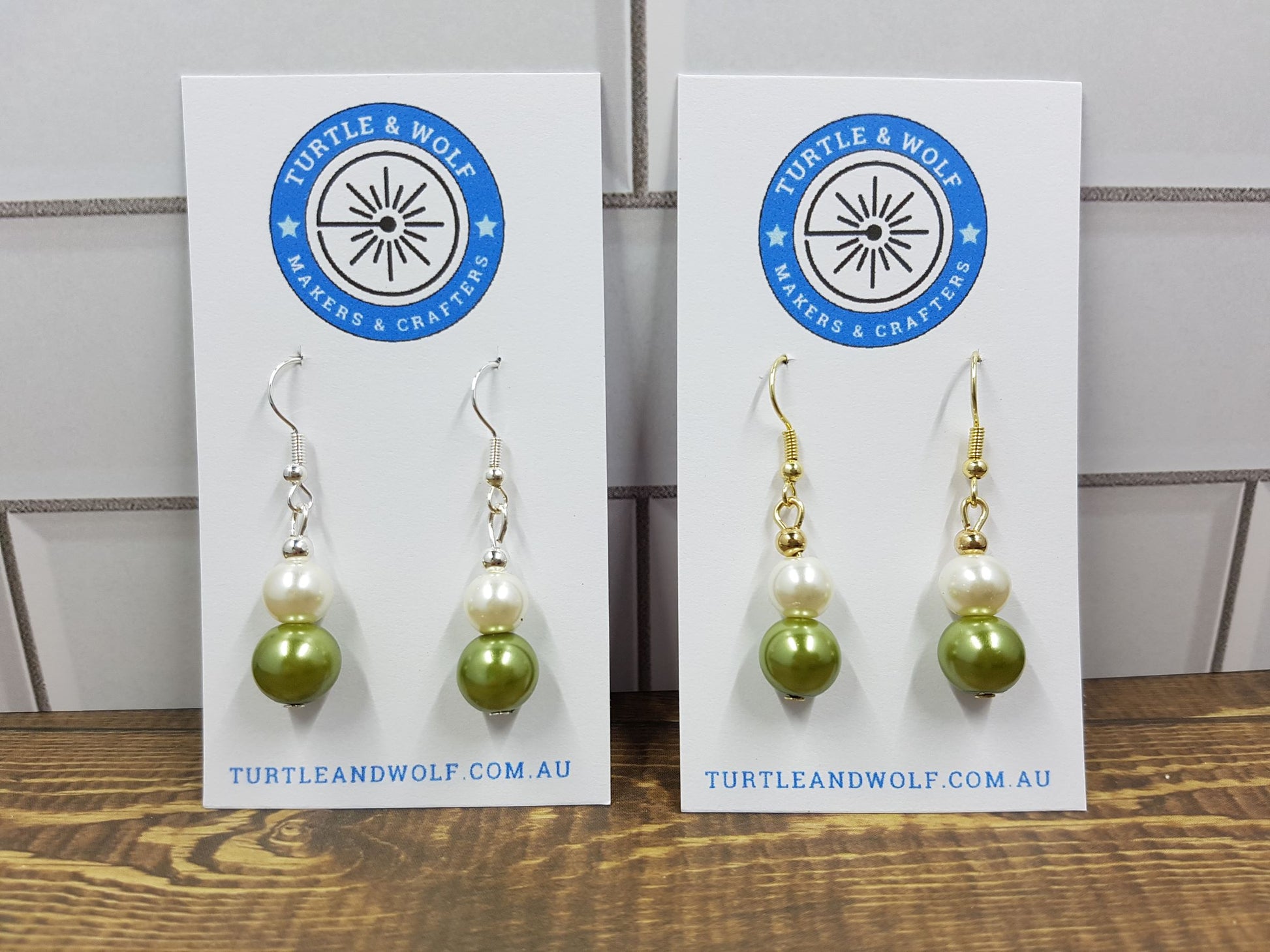 Classic pearl earrings in a lovely pale green and white combination offered in either Silver-plated or Gold-plated findings