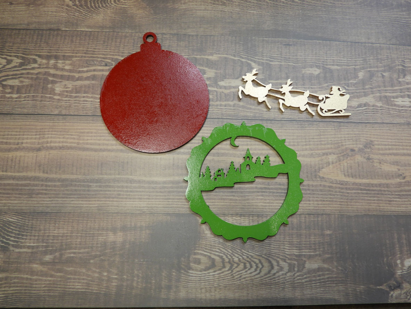 Painted laser cut timber Christmas Ornament, 3 layers in Red/Green/Gold before assembly