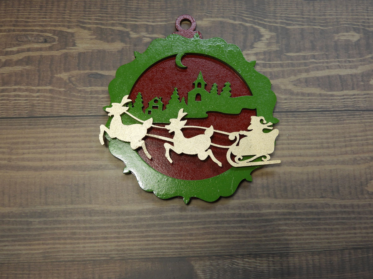 Painted laser cut timber Christmas Ornament, 3 layers in Red/Green/Gold assembled