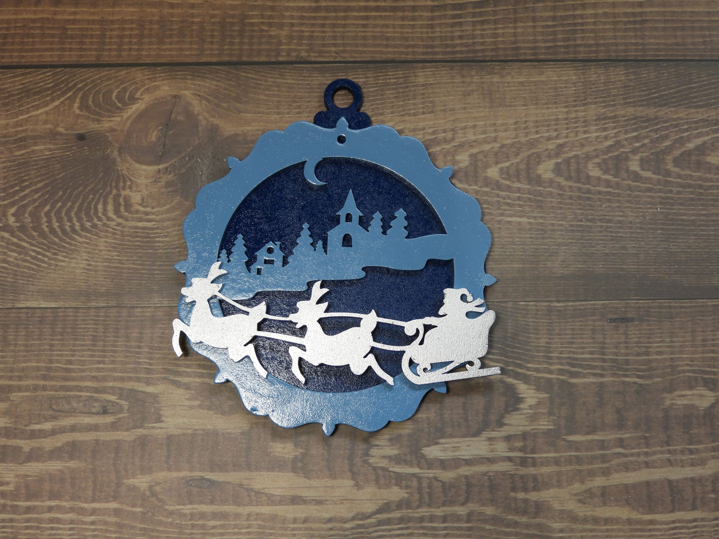 Painted laser cut timber Christmas Ornament, 3 layers in Dark Blue/Light Blue/Silver assembled