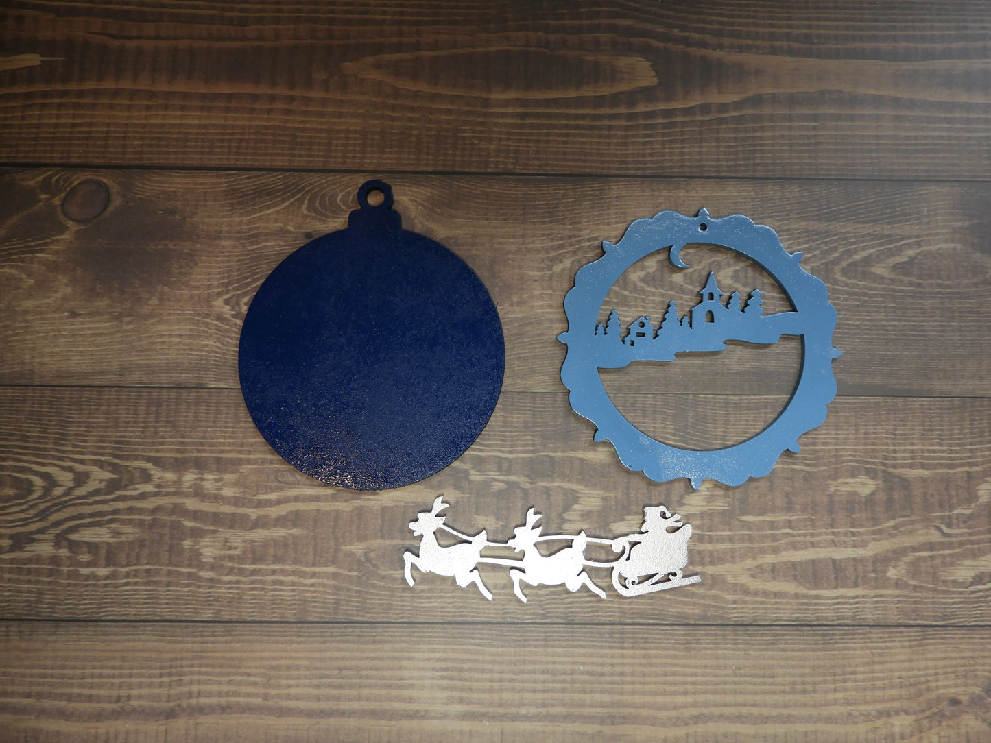 Painted laser cut timber Christmas Ornament, 3 layers in Dark Blue/Light Blue/Silver before assembly